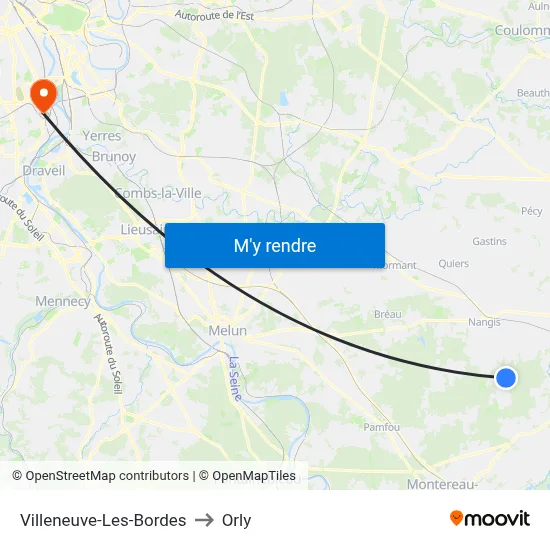 Villeneuve-Les-Bordes to Orly map