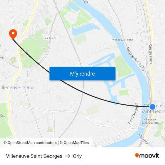 Villeneuve-Saint-Georges to Orly map