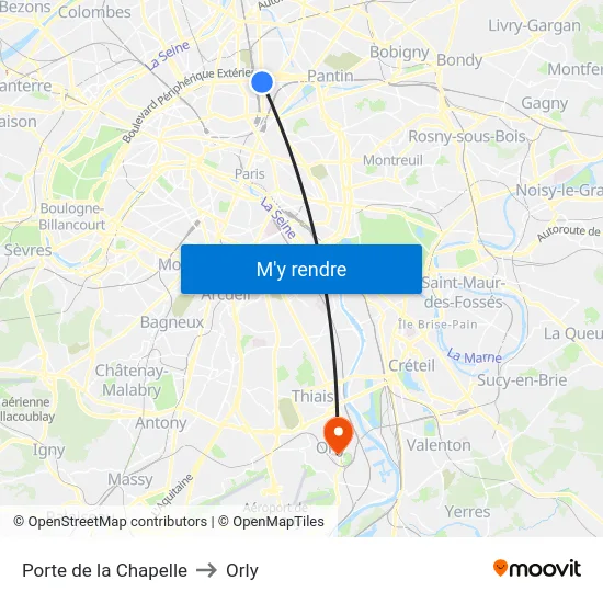 Porte de la Chapelle to Orly map