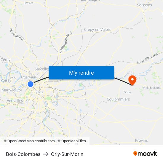 Bois-Colombes to Orly-Sur-Morin map