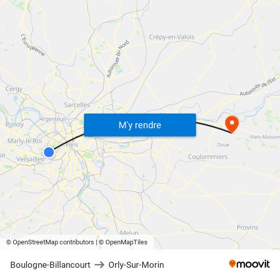 Boulogne-Billancourt to Orly-Sur-Morin map