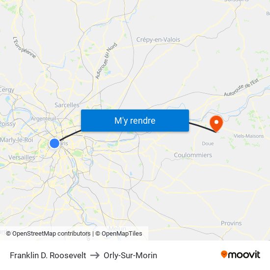 Franklin D. Roosevelt to Orly-Sur-Morin map