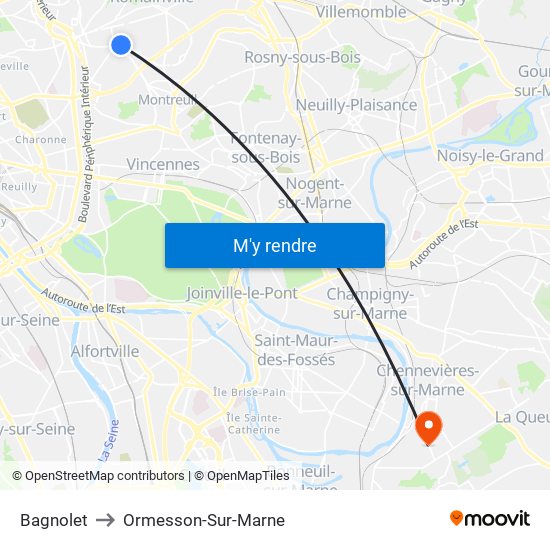 Bagnolet to Ormesson-Sur-Marne map