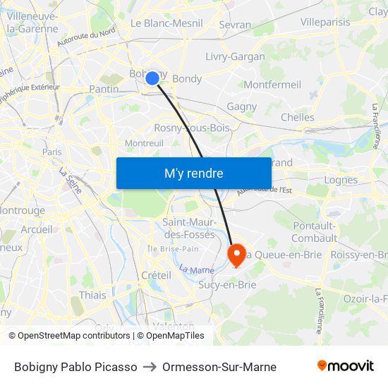 Bobigny Pablo Picasso to Ormesson-Sur-Marne map