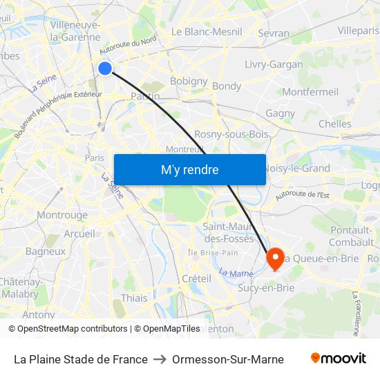 La Plaine Stade de France to Ormesson-Sur-Marne map