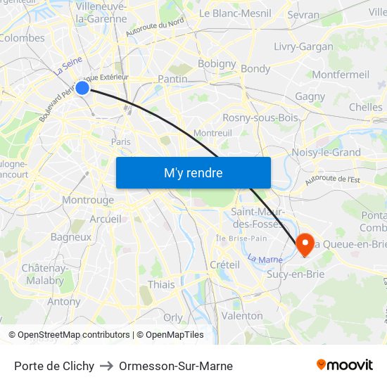 Porte de Clichy to Ormesson-Sur-Marne map