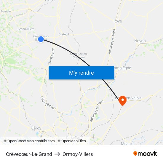 Crèvecœur-Le-Grand to Ormoy-Villers map