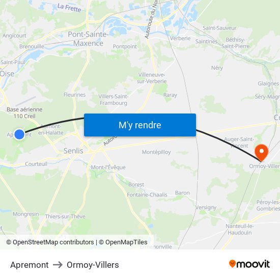 Apremont to Ormoy-Villers map