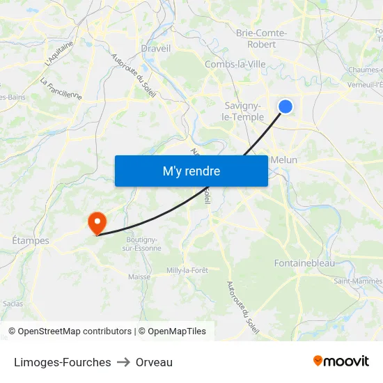 Limoges-Fourches to Orveau map