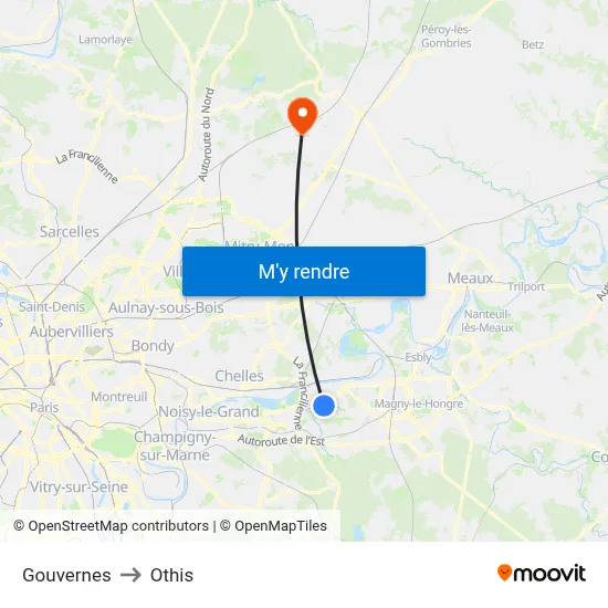 Gouvernes to Othis map