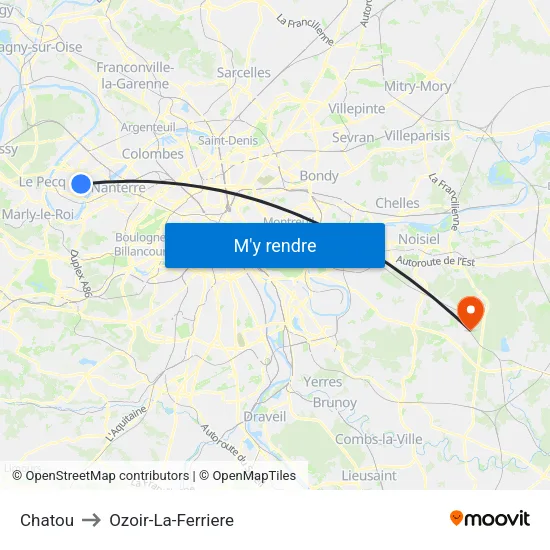 Chatou to Ozoir-La-Ferriere map