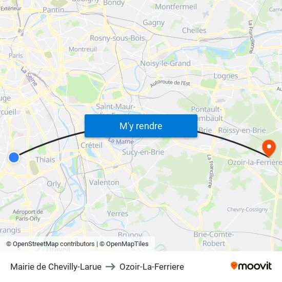 Mairie de Chevilly-Larue to Ozoir-La-Ferriere map