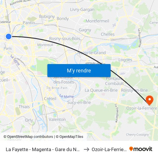 La Fayette - Magenta - Gare du Nord to Ozoir-La-Ferriere map