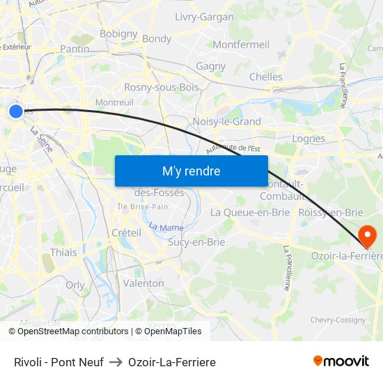 Rivoli - Pont Neuf to Ozoir-La-Ferriere map