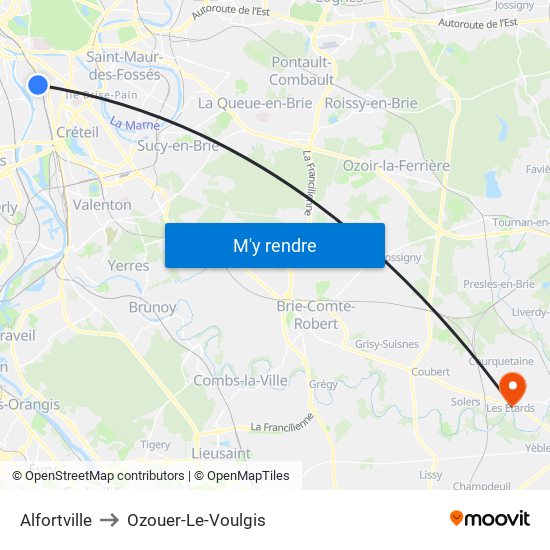 Alfortville to Ozouer-Le-Voulgis map