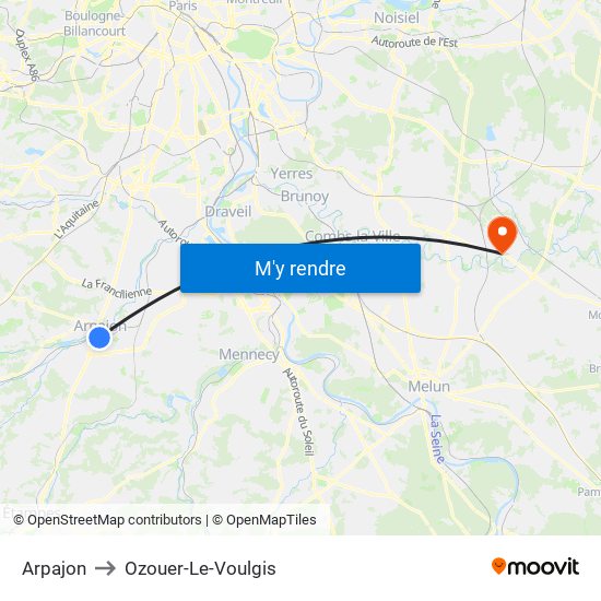 Arpajon to Ozouer-Le-Voulgis map