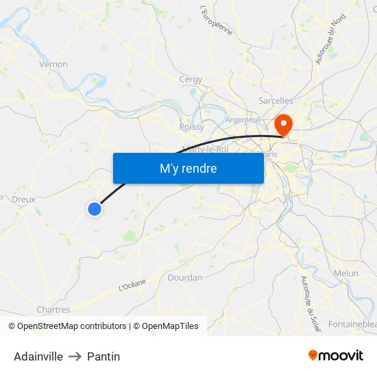 Adainville to Pantin map