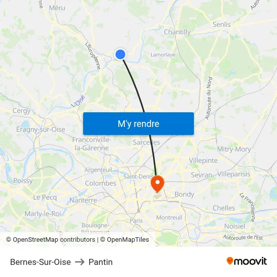 Bernes-Sur-Oise to Pantin map