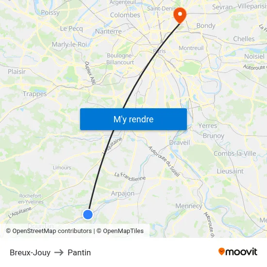 Breux-Jouy to Pantin map