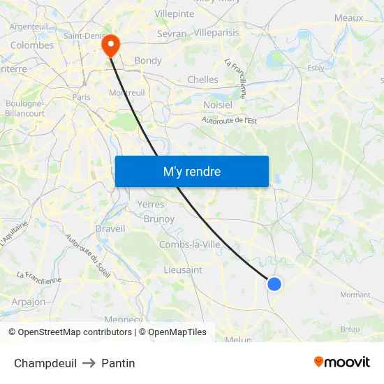 Champdeuil to Pantin map