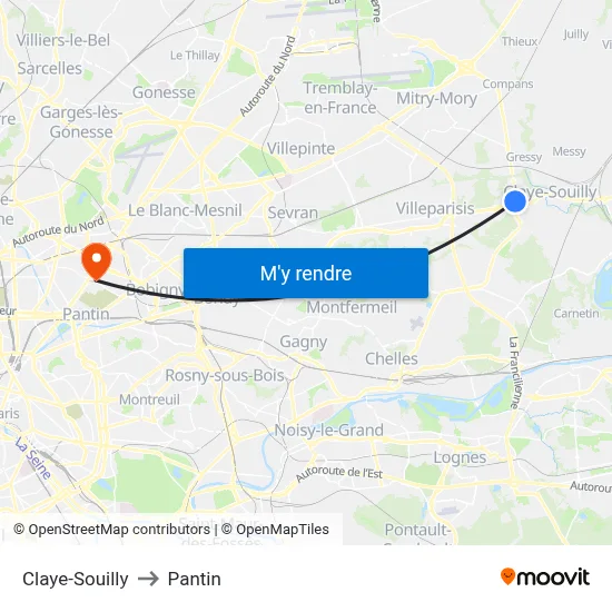 Claye-Souilly to Pantin map