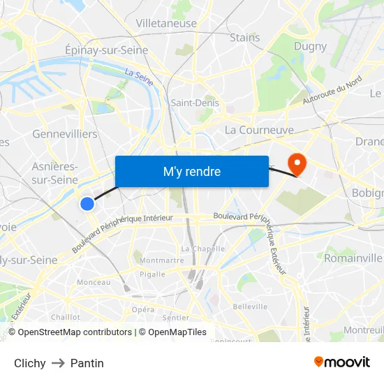 Clichy to Pantin map