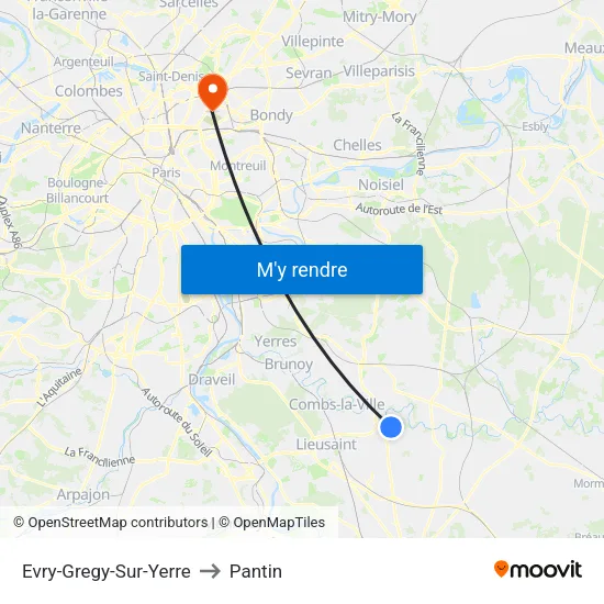 Evry-Gregy-Sur-Yerre to Pantin map