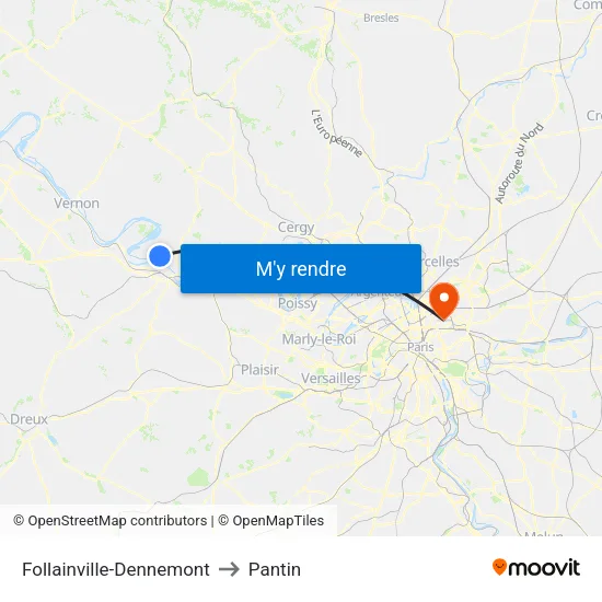 Follainville-Dennemont to Pantin map