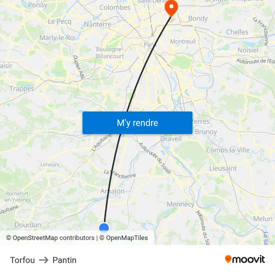 Torfou to Pantin map