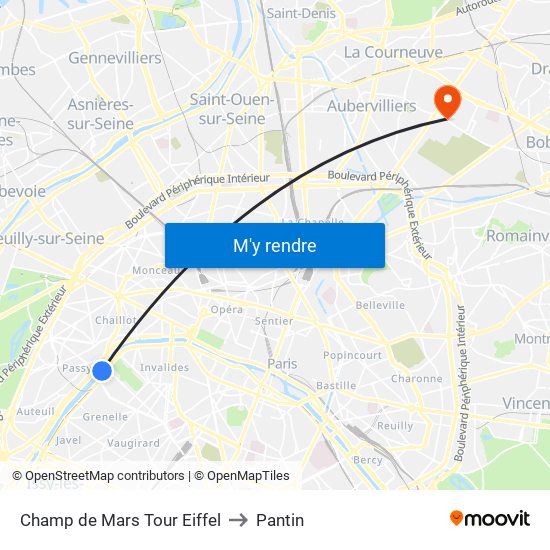 Champ de Mars Tour Eiffel to Pantin map