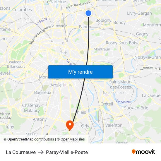 La Courneuve to Paray-Vieille-Poste map