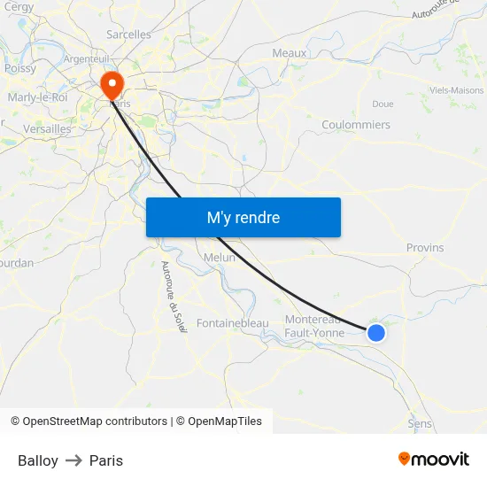 Balloy to Paris map