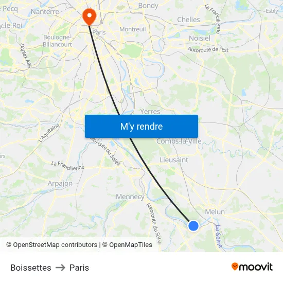 Boissettes to Paris map