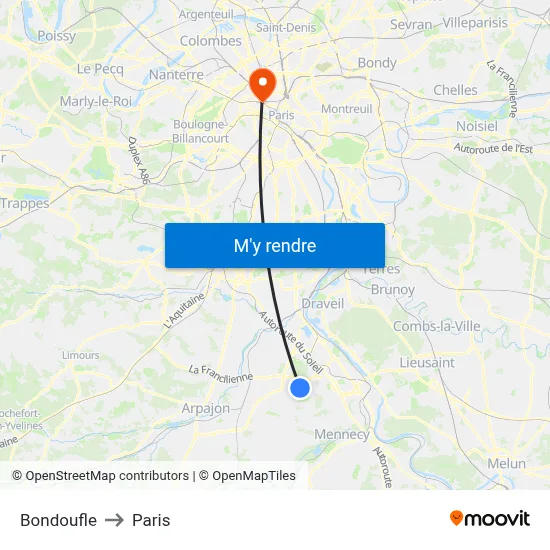 Bondoufle to Paris map