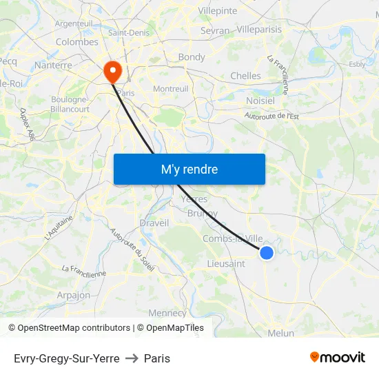 Evry-Gregy-Sur-Yerre to Paris map