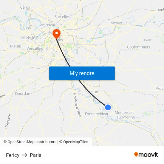 Fericy to Paris map
