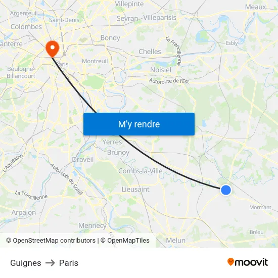 Guignes to Paris map