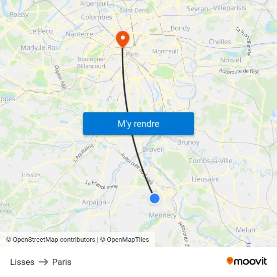 Lisses to Paris map
