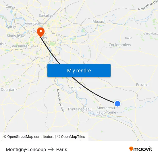 Montigny-Lencoup to Paris map