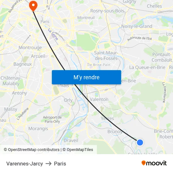 Varennes-Jarcy to Paris map