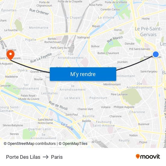 Porte Des Lilas to Paris map