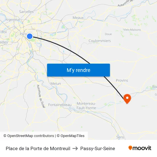Place de la Porte de Montreuil to Passy-Sur-Seine map