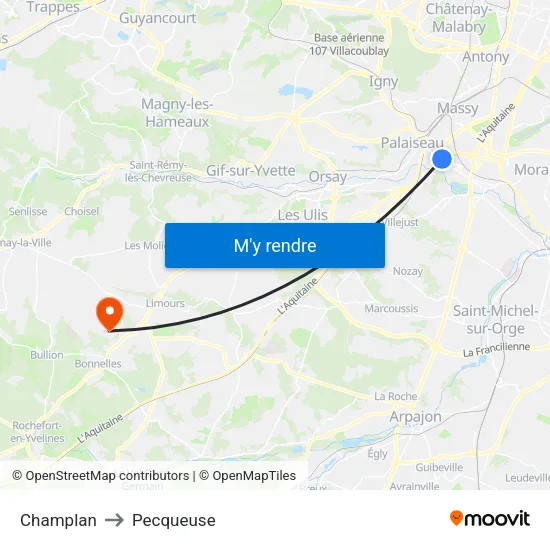 Champlan to Pecqueuse map