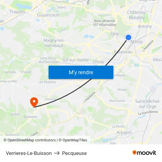 Verrieres-Le-Buisson to Pecqueuse map