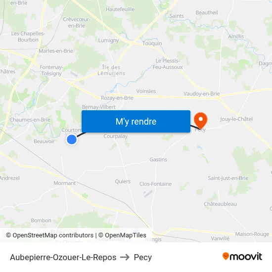 Aubepierre-Ozouer-Le-Repos to Pecy map