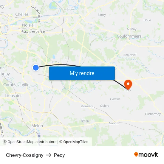Chevry-Cossigny to Pecy map