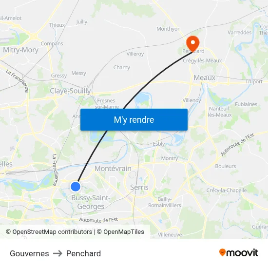 Gouvernes to Penchard map