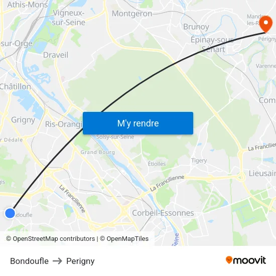 Bondoufle to Perigny map