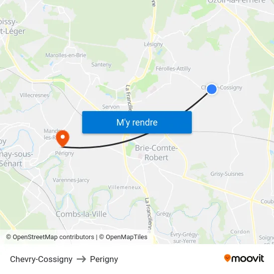 Chevry-Cossigny to Perigny map
