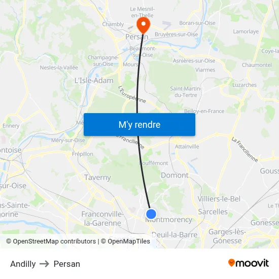 Andilly to Persan map